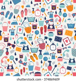 Retro stuff color seamless flat icon pattern. Trend pictogram set. Vector trend background.