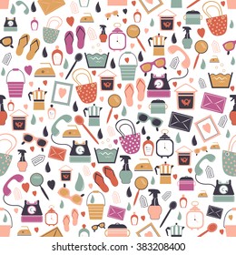 Retro stuff color seamless flat icon pattern. Trend pictogram set. Vector trend background.