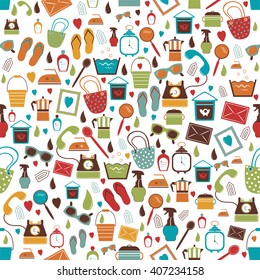 Retro stuff color seamless flat icon pattern. Trend pictogram set. Vector trend background.