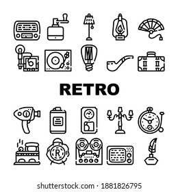 Retro Stuff Devices Collection Icons Set Vector. Retro Kerosene Burner And Lightbulb, Radio And Music Turntable, Photo And Video Camera Black Contour Illustrations