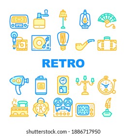 Retro Stuff Devices Collection Icons Set Vector. Retro Kerosene Burner And Lightbulb, Radio And Music Turntable, Photo And Video Camera Concept Linear Pictograms. Contour Color Illustrations