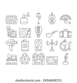 Iconos de Colección de dispositivos de cosas retro Set Vector. Video Quemador De Kerosene Retro Y Bombilla, Radio Y Música Tocadiscos, Foto Y Cámara Negro Ilustraciones De Contorno