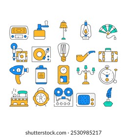 Iconos de Colección de dispositivos de cosas retro Set Vector. Video Quemador y bombilla de queroseno retro, tocadiscos de radio y música, Ilustraciones de contorno de color de foto y cámara