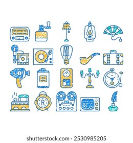 Dispositivos de cosas retro Iconos de doodle Set Vector Video. Sketch Line Art Quemador de queroseno retro y bombilla, tocadiscos de radio y música, ilustraciones de color de fotos y cámaras