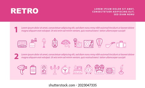 Retro Stuff Devices Landing Web Page Header Banner Template Vector. Retro Kerosene Burner And Lightbulb, Radio And Music Turntable, Photo And Video Camera Illustration
