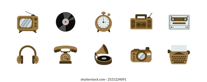 Retro Stuff flat illustration set. Include of cassette, headphones, phone, gramophone, clock, alarm, typewriter. Vector illustration isolated.