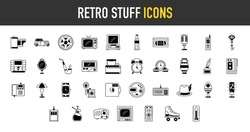 Retro Stuff Icons Set. Such As Camera Roll, Brick Phone, Lamp, Smoking Pipe, Pc, Car, Soda Bottle, Microphone, Pager, Roller Skate, Faberge, Ink, Thermometer, Alarm Clock, Cd Vector Illustration.