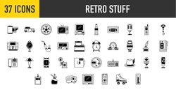 Retro Stuff Icons Set. Such As Camera Roll, Brick Phone, Lamp, Smoking Pipe, Pc, Car, Soda Bottle, Microphone, Pager, Roller Skate, Faberge, Ink, Thermometer, Alarm Clock, Cd Vector Illustration.