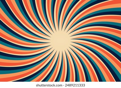 Retro style 1970s background vector with swirl lines, spirals, and sunburst. Vintage color illustration perfect for posters, banners, and wall art decor