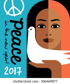 retro style 2017 new year design with peace message and girl holding a dove. For posters, cards, banners.