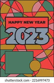 Retro style 2023 Happy New Year poster. Logo 2023. Abstract memphis style mosaic banner, cover, template, social media. New year card with colorful blocks and black outline. Stained glass effect
