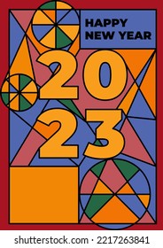 Retro style 2023 Happy New Year poster. Colorful logo 2023. Mosaic banner, cover, template, social media. Vector Christmas illustration. New year card with colorful blocks and black outline