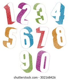 Retro style 3d bold numbers set with hand drawn lines texture.