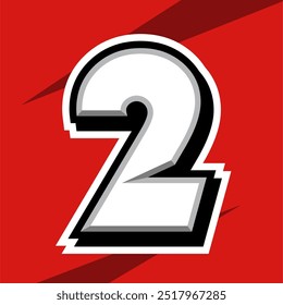 Retro style 3D number 2 with bold white shading, black outlines, and a dramatic shadow effect on a vibrant red background. Perfect for vintage-themed designs and attention-grabbing visuals.