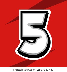 Retro style 3D number 5 with bold white shading, black outlines, and a dramatic shadow effect on a vibrant red background. Perfect for vintage-themed designs and attention-grabbing visuals.