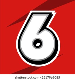 Retro style 3D number 6 with bold white shading, black outlines, and a dramatic shadow effect on a vibrant red background. Perfect for vintage-themed designs and attention-grabbing visuals.