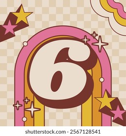 Retro Style 3D Numbers 6 with Vibrant Pink and Yellow Rainbow Background and Star Accents