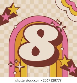 Retro Style 3D Numbers 8 with Vibrant Pink and Yellow Rainbow Background and Star Accents