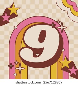 Retro Style 3D Numbers 9 with Vibrant Pink and Yellow Rainbow Background and Star Accents