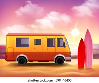 Retro style 3D realistic surfing van with pink red surfboards on fantastic colored sunset background vector illustration 