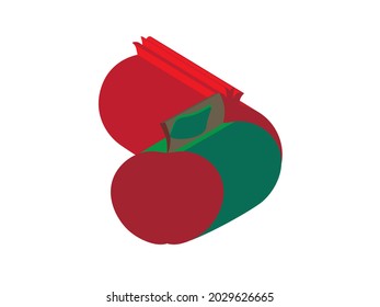 Retro style 3D Red Green apple and Red pomegranate on White background