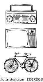 Retro style of the 80's, bicycle, television, tape recorder