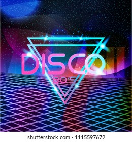 Retro style 80s disco design neon. Landscape with grid of 80s styled retro