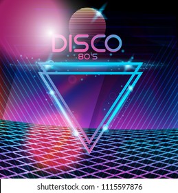 Retro style 80s disco design neon. Landscape with grid of 80s styled retro