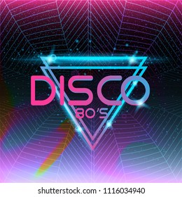 Retro style 80s disco design neon. Landscape with grid of 80s styled retro