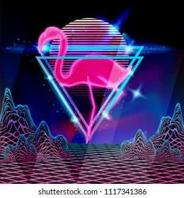 Retro style 80s disco design neon. Landscape with grid of 80s styled retro