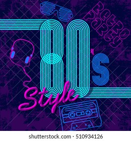 Retro style 80s disco design neon. 80s party, 80s fashion, 80s background, 80s graphic, 80s style, light disco party 1980, club vintage, dance night. Easy editable for Your design.