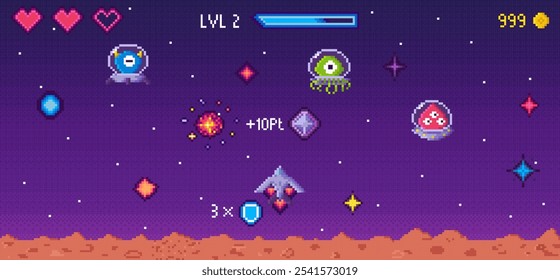 Retro estilo 8-bit com tema de espaço com uma nave espacial, alienígenas, corações e indicadores de nível contra um fundo estrelado. Ideal para gamers, jogos antigos, aventuras espaciais, arte digital, gráficos de pixel