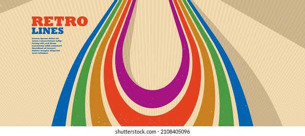 Abstrakter Hintergrund im Retro-Stil mit Kurvenlinien in allen Farben des Regenbogens, 3D-dimensionale siebente Vektorkunst.
