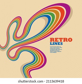 Estilo retro de fondo abstracto con líneas de curva en todos los colores del arco iris, 3D dimensional 70º arte vectorial.