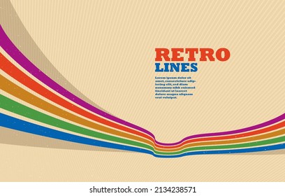 Abstrakter Hintergrund im Retro-Stil mit Kurvenlinien in allen Farben des Regenbogens, 3D-dimensionale siebente Vektorkunst.