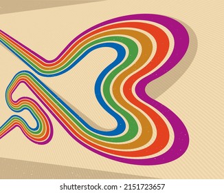 Retro style abstract background with curve lines in all colors of rainbow, 3D dimensional seventieth vector art.