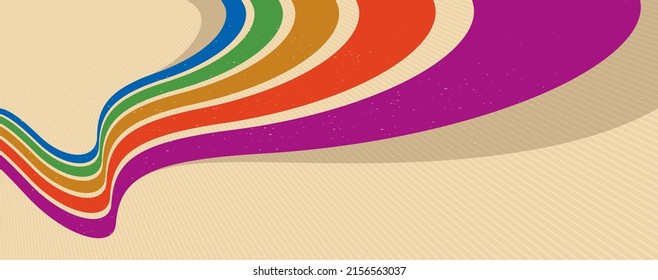 Estilo retro de fondo abstracto con líneas de curva en todos los colores del arco iris, 3D dimensional 70º arte vectorial.