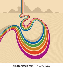 Estilo retro de fondo abstracto con líneas de curva en todos los colores del arco iris, 3D dimensional 70º arte vectorial.