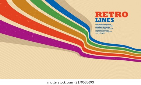 Retro style abstract background with curve lines in all colors of rainbow, 3D dimensional seventieth vector art.