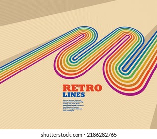 Retro style abstract background with curve lines in all colors of rainbow, 3D dimensional seventieth vector art.