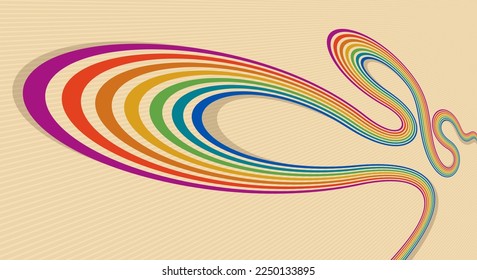 Retro style abstract background with curve lines in all colors of rainbow, 3D dimensional seventieth vector art.