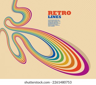 Retro style abstract background with curve lines in all colors of rainbow, 3D dimensional seventieth vector art.