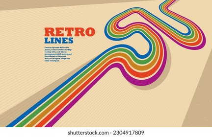 Estilo retro de fondo abstracto con líneas de curva en todos los colores del arco iris, 3D dimensional 70º arte vectorial.