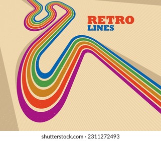 Retro style abstract background with curve lines in all colors of rainbow, 3D dimensional seventieth vector art.