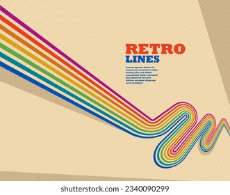 Estilo retro de fondo abstracto con líneas de curva en todos los colores del arco iris, 3D dimensional 70º arte vectorial.