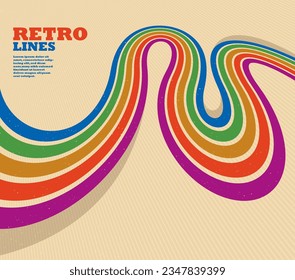 Estilo retro de fondo abstracto con líneas de curva en todos los colores del arco iris, 3D dimensional 70º arte vectorial.