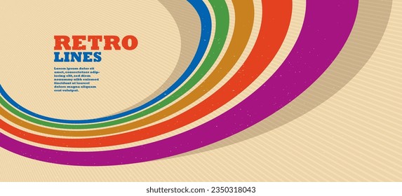 Retro style abstract background with curve lines in all colors of rainbow, 3D dimensional seventieth vector art.