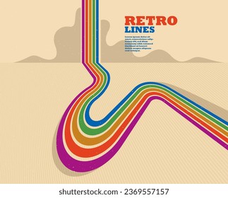 Estilo retro de fondo abstracto con líneas de curva en todos los colores del arco iris, 3D dimensional 70º arte vectorial.