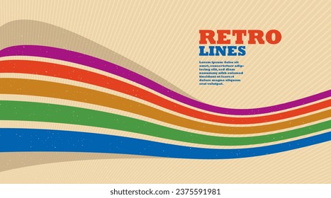 Retro style abstract background with curve lines in all colors of rainbow, 3D dimensional seventieth vector art.