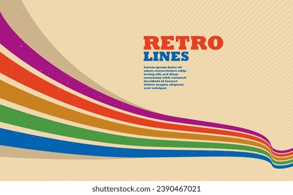 Retro style abstract background with curve lines in all colors of rainbow, 3D dimensional seventieth vector art.